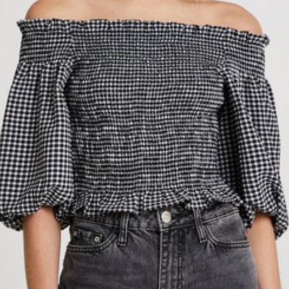 River Island gingham shirred bardot top in black, size 6